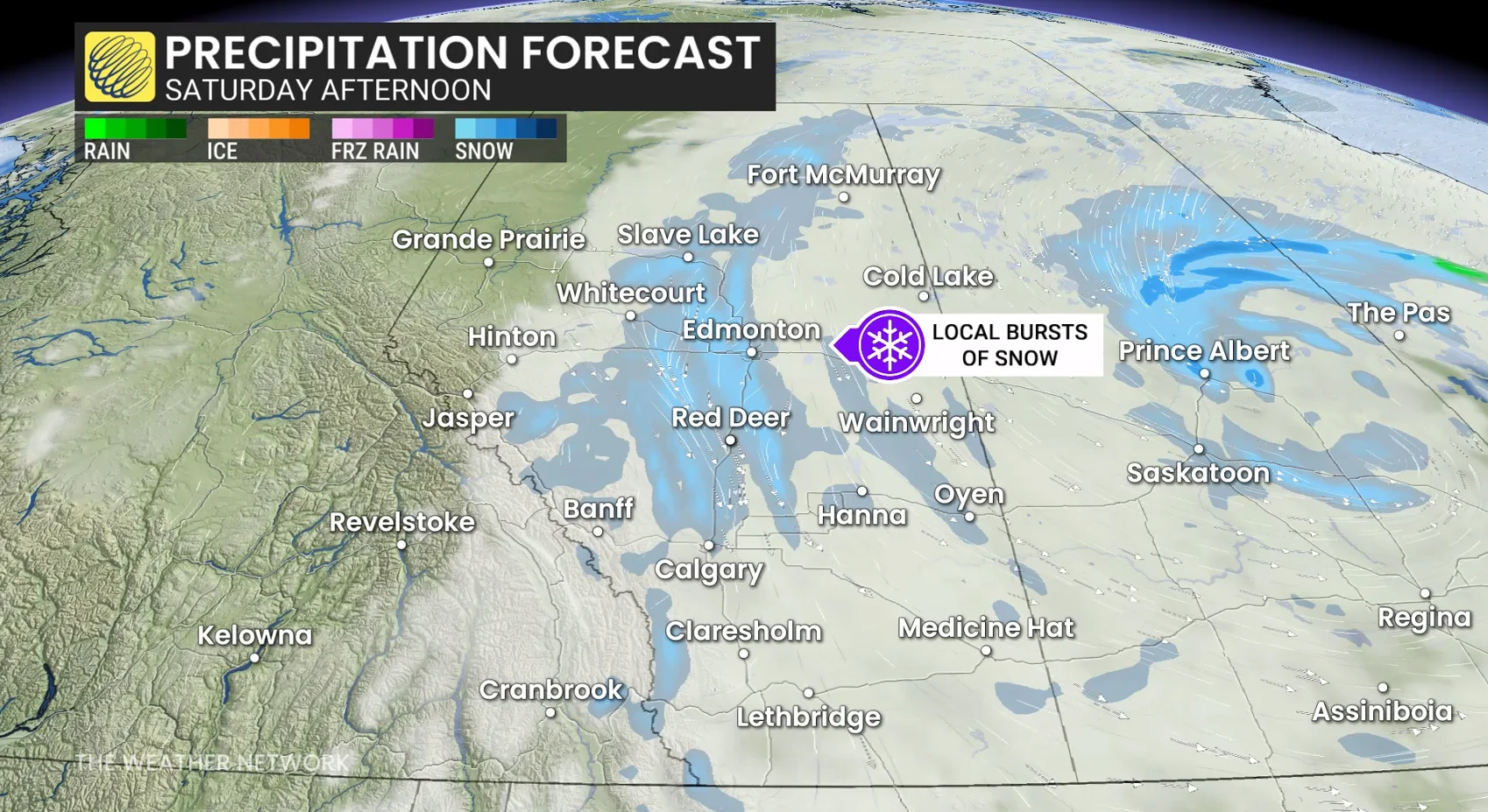 Alberta precipitation timing Saturday afternoon