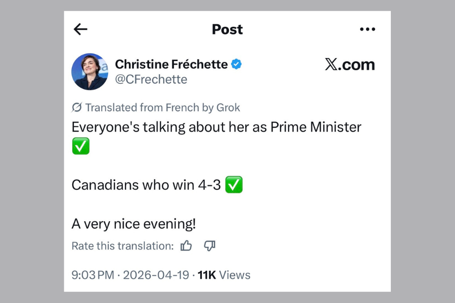 Quebec Premier Christine Fréchette's auto-translated post from French to English.