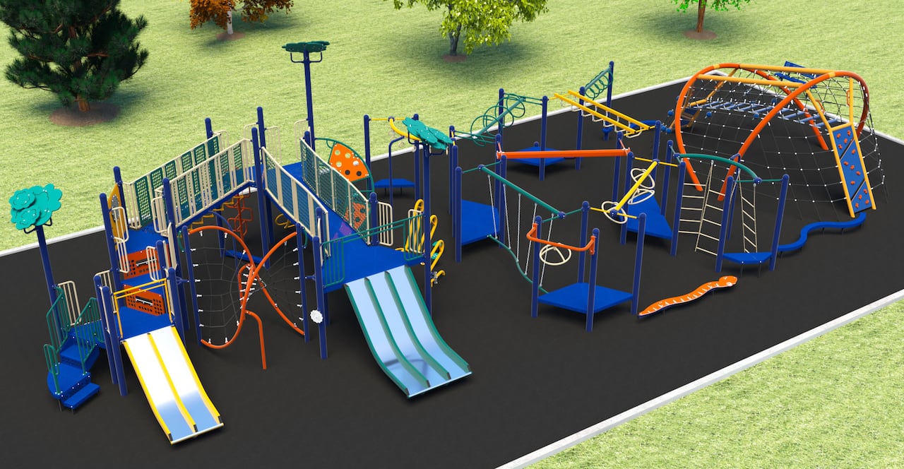 A digital rendering of a playground with blue, yellow and orange-coloured features.