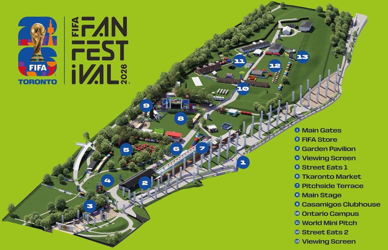 A photo shows a neon green background with a map that shows zones labeled 1-13 for the FIFA World Cup festival.