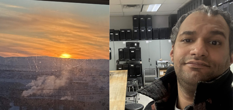 Hajali pictured in one of Nunavut Arctic College's computer labs, with a sunset view from his classroom overlooking the mountains.
