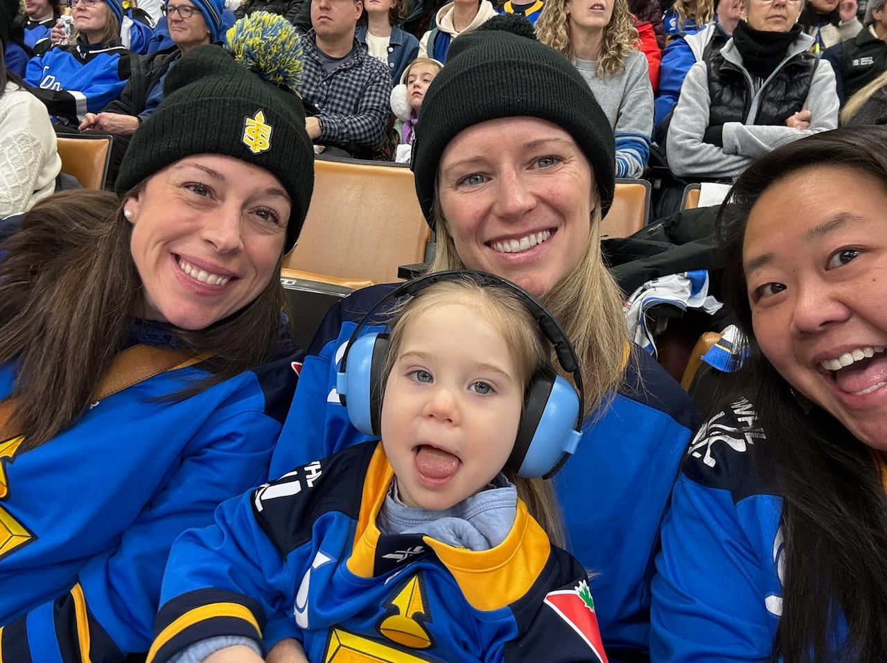 A group of people in the stands at a hockey game.