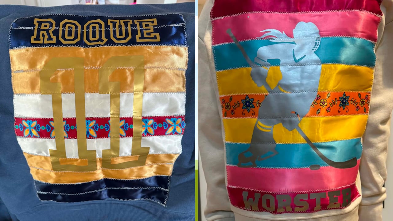 A split photo of two hoodies. The one on the left has white, red and gold ribbon. It says 11 with the name Roque about it. The sweater on the right has blue, pink and yellow ribbon and a symbol of a girl playing hockey.