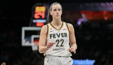Apr 25, 2026; Brooklyn, NY, USA; Indiana Fever guard Caitlin Clark (22) during the first half against the New York Liberty at Barclays Center.