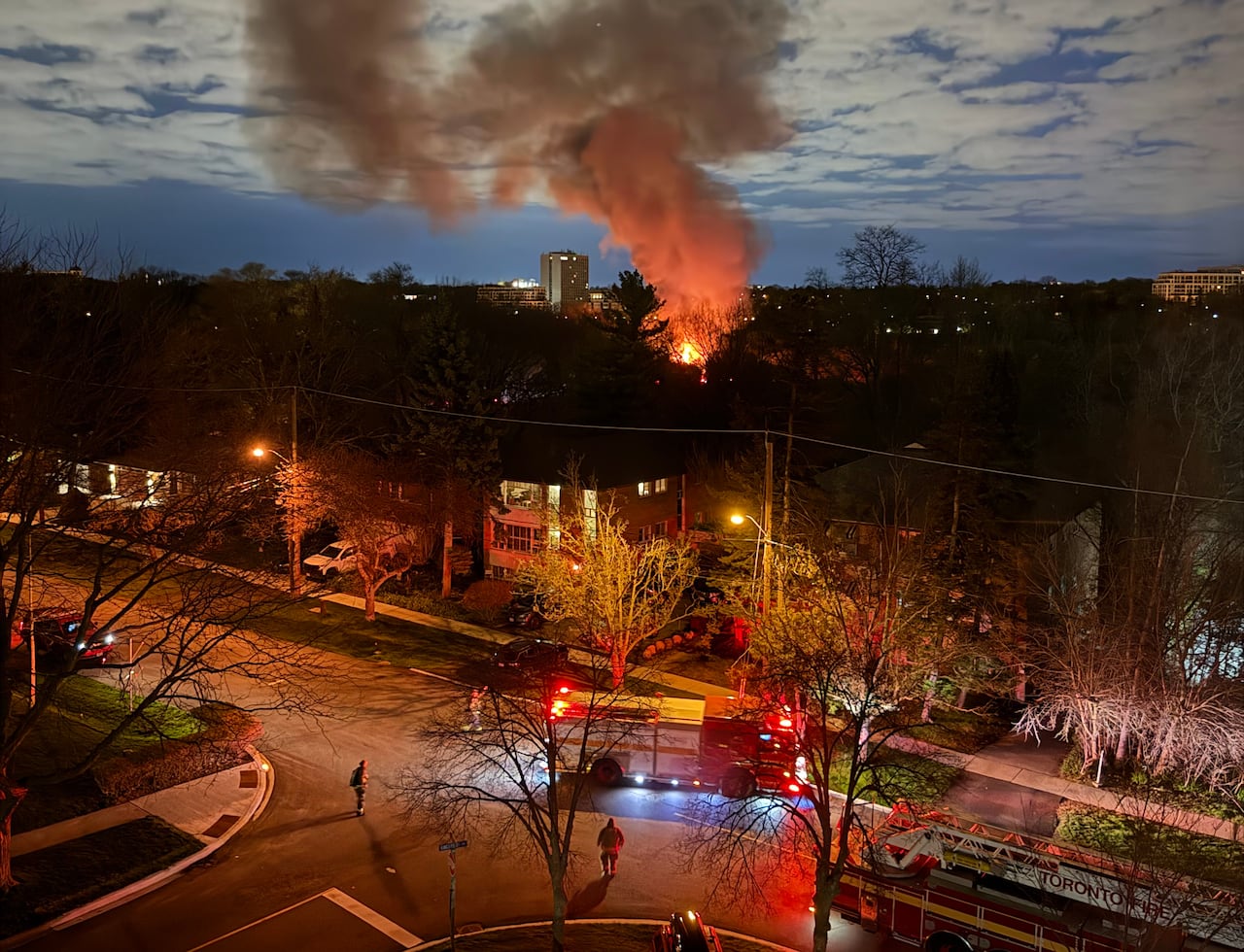Large plume of smoke rises above treetops at night with firetrucks nearby