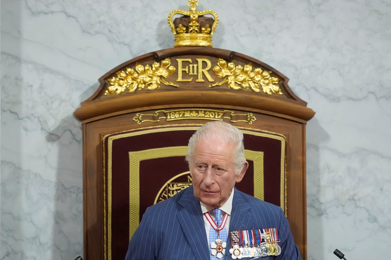 King Charles delivers the speech from the throne in the Senate in Ottawa on Tuesday, May 27, 2025.