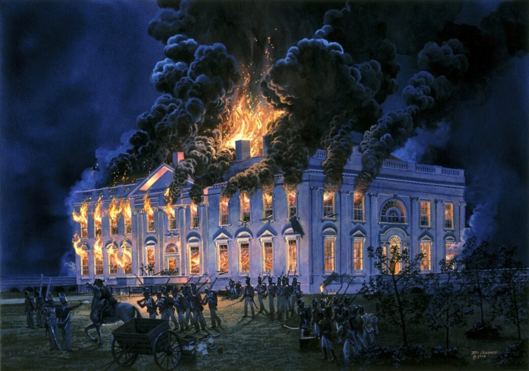 Tom Freeman’s painting of burning of the White House on Aug. 24, 1814, by British troops during the War of 1812.