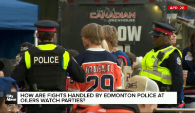 How are fights handled by Edmonton Police at Oilers watch parties?