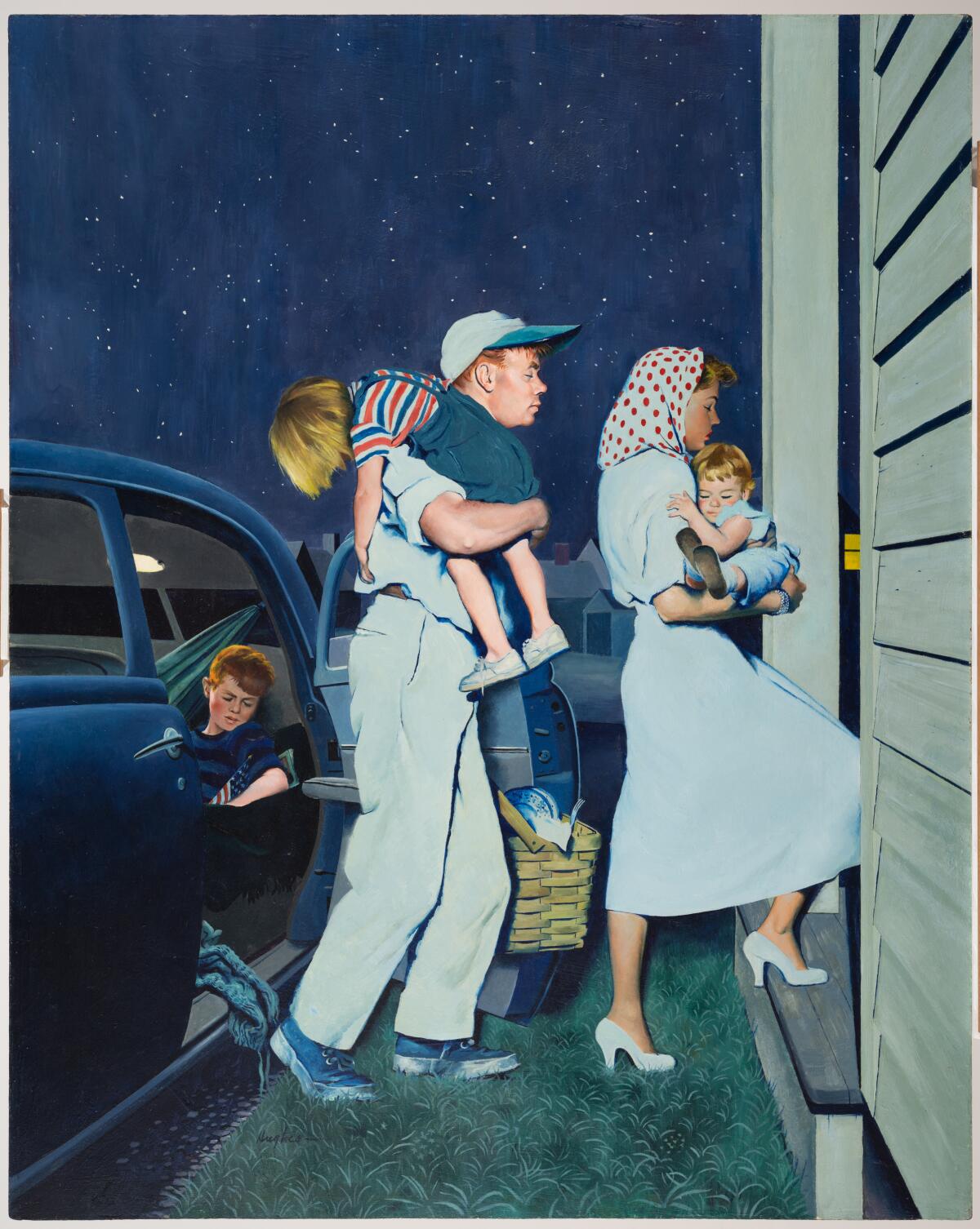 A painting of a husband and wife exiting their car and walking into their house as each holds a child. 