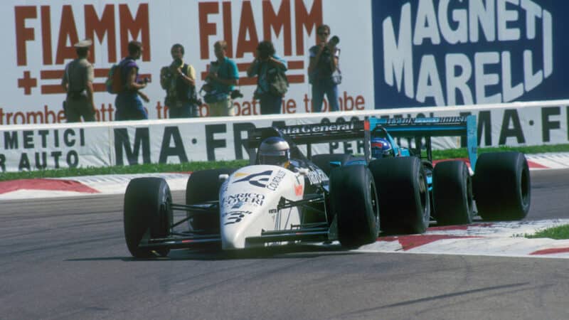 Jonathan Palmer (Tyrrell-Ford) and Ivan Capelli (Leyton House March-Ford) fighting hard in the 1987 Italian Grand Prix