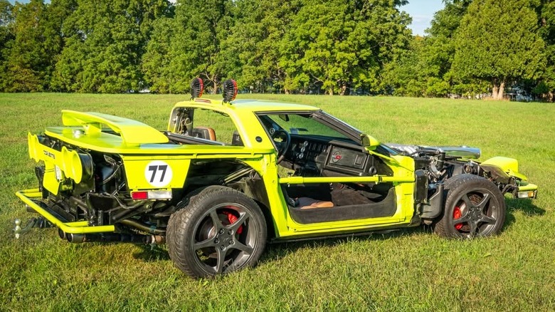 A green Corvette, with few exterior body panels remaining
