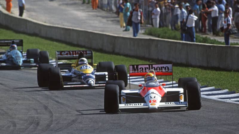 Ayrton Senna (McLaren-Honda) in front of Riccardo Patrese (Williams-Renault) and Ivan Capelli (Leyton Hourse March-Judd) in the 1988 Spanish Grand Prix