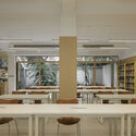 Renovation Design of the Library, Chengdu Shude Experimental Middle School / Modum Atelier - Interior Photography, Dining room, Wood, Shelving, Lighting, Table, Chair, Glass