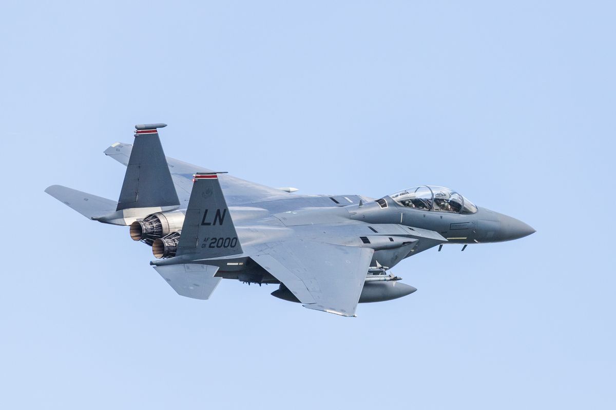 F-15E Strike Eagle banks after take off.