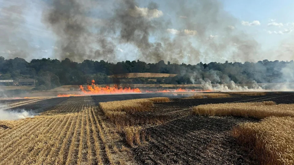 A large area of ploughed and harvested farmland burns.