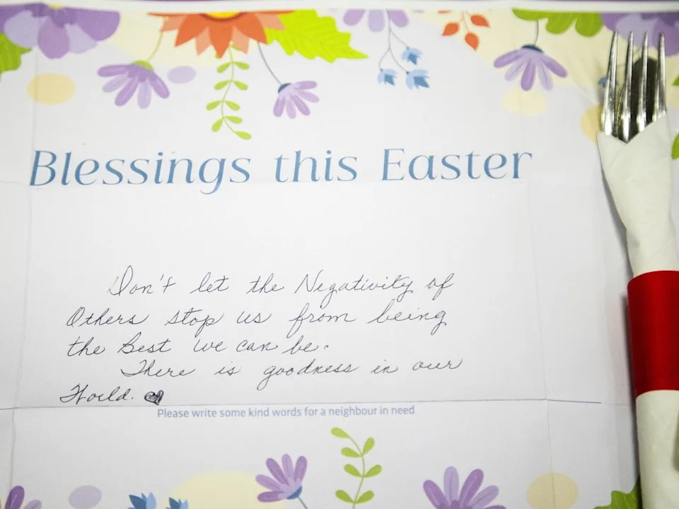  A personal note was written on each placemat Sunday at the annual Easter dinner.