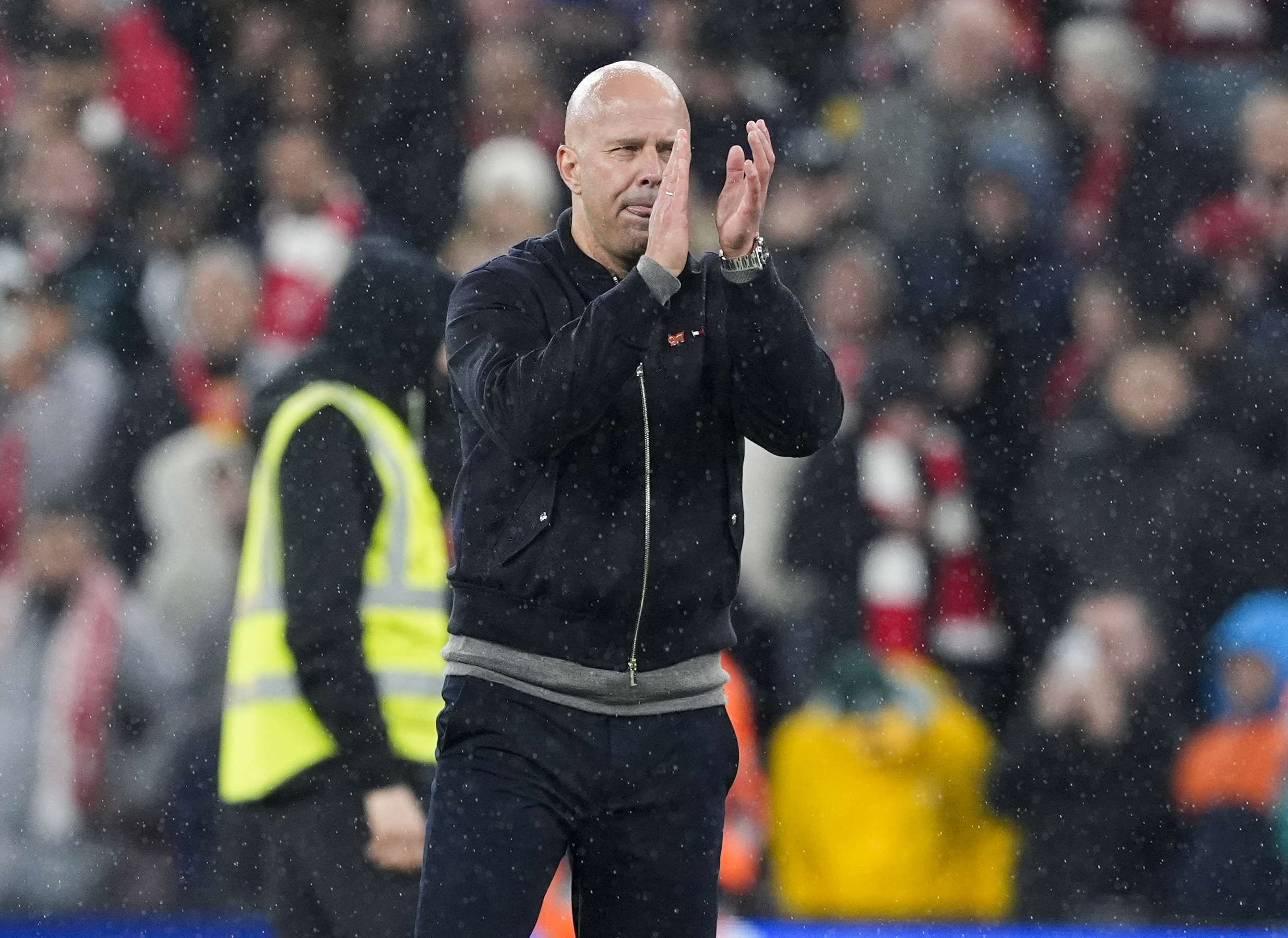 Liverpool manager Arne Slot applauds the Anfield crowd