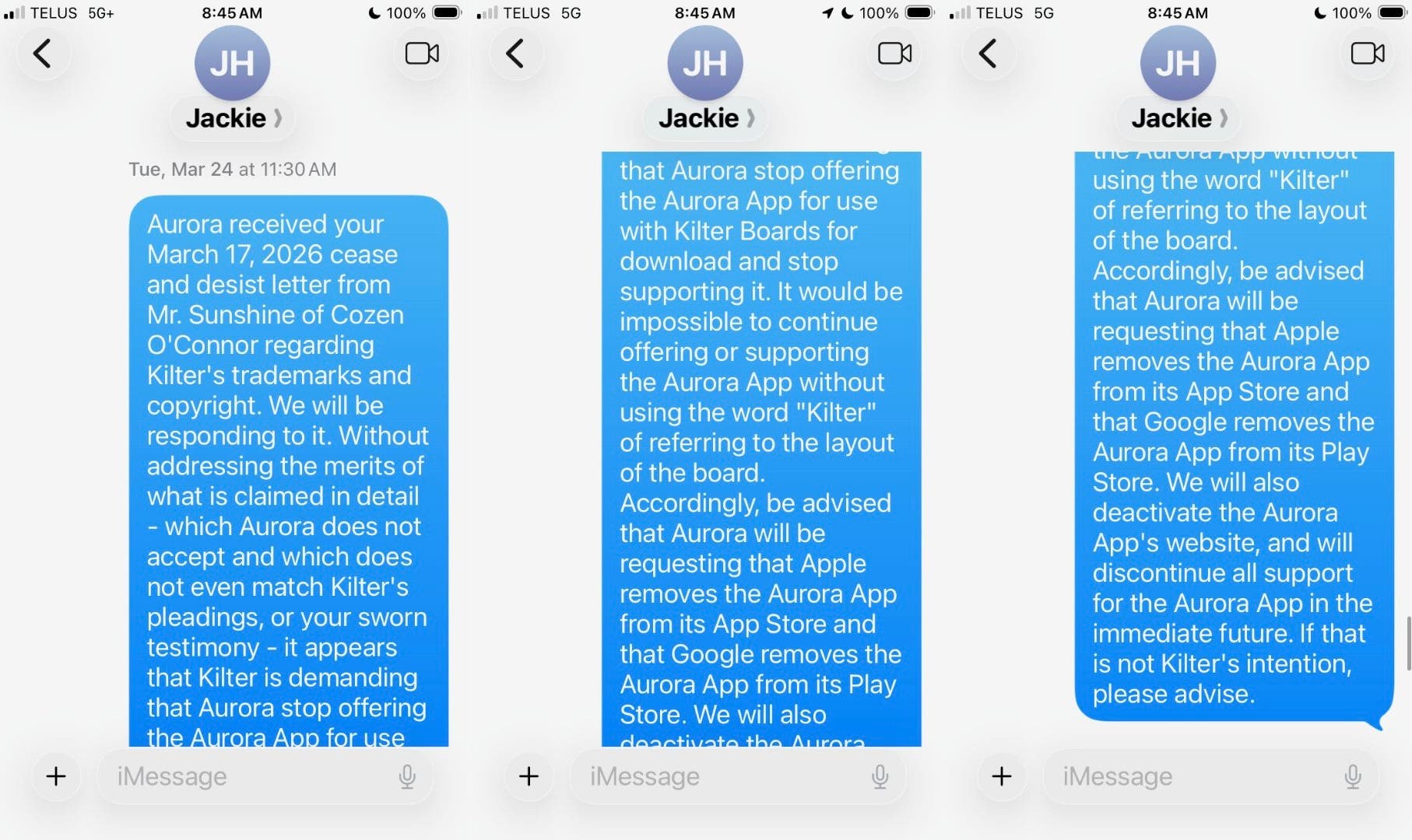 Three iMessage screenshots, all in blue, to a recipient named Jackie