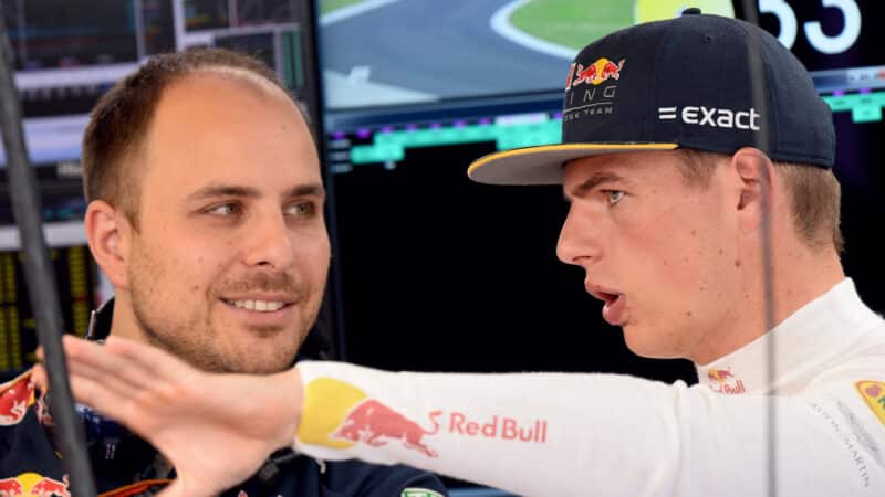Max Verstappen and Red Bull-Renault engineer Gianpiero Lambiase in the pit during practice before the 2016 Hungarian Grand Prix