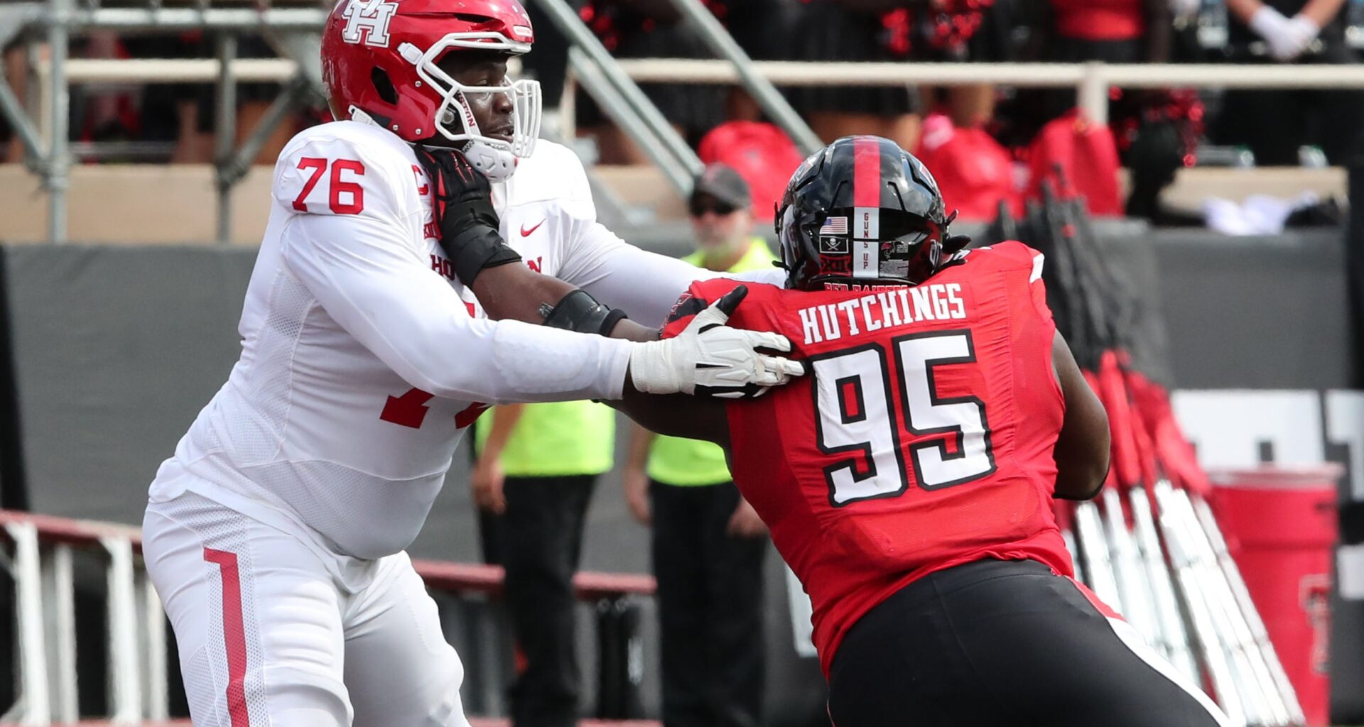 Sep 30, 2023; Lubbock, Texas, USA; Houston Cougars offensive tackle Patrick Paul (76) blocks Texas Tech Red Raiders defensive tackle Jaylon Hutchings (95) in the second half at Jones AT&T Stadium and Cody Campbell Field.