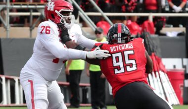 Sep 30, 2023; Lubbock, Texas, USA; Houston Cougars offensive tackle Patrick Paul (76) blocks Texas Tech Red Raiders defensive tackle Jaylon Hutchings (95) in the second half at Jones AT&T Stadium and Cody Campbell Field.