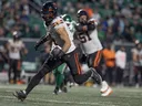B.C. Lions wide receiver Keon Hatcher runs the ball during CFL regular season action at Mosaic Stadium on Saturday, Oct. 25, 2025 in Regina. 