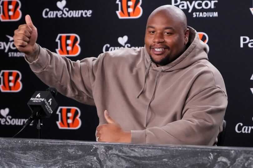 New Bengals defensive tackle Dexter Lawrence addresses the media in Cincinnati.