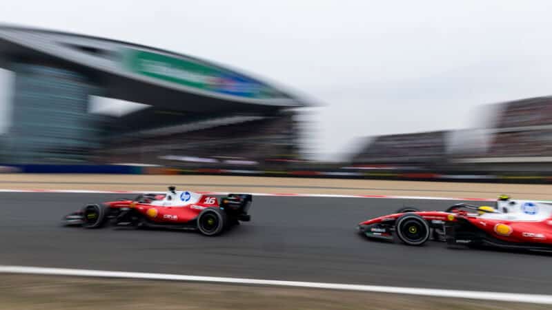 Charles Leclerc leads Lewis Hamilton (both Ferrari) in the 2026 Chinese Grand Prix