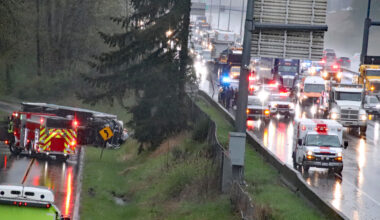 Emergency crews respond to a crash off Highway 1 in Surrey