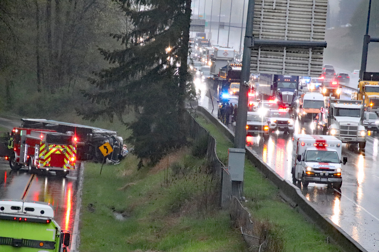 Emergency crews respond to a crash off Highway 1 in Surrey