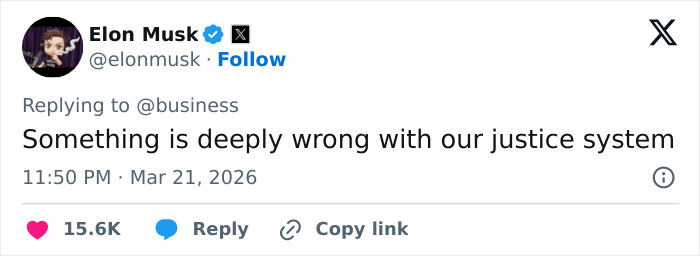 Tweet by Elon Musk criticizing the justice system, mentioning OpenAI CEO Sam Altman lawsuit allegations.