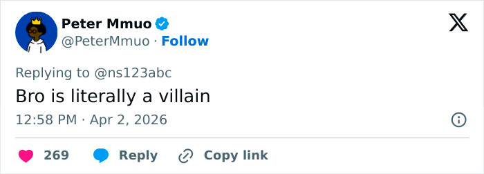 Tweet from Peter Mmuo on social media calling someone a villain amid lawsuit allegations involving OpenAI CEO Sam Altman.