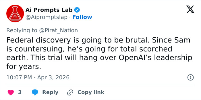 Tweet from Ai Prompts Lab discussing the impact of a lawsuit involving OpenAI CEO Sam Altman on company leadership.