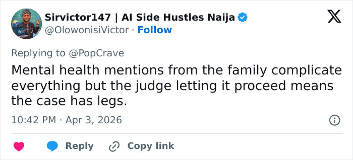 Tweet screenshot discussing mental health and legal proceedings related to OpenAI CEO Sam Altman's refiled lawsuit.
