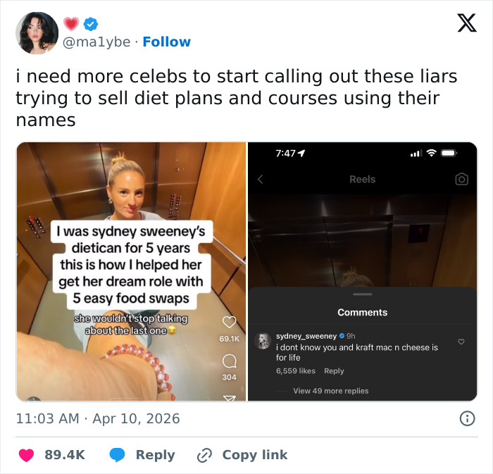 Screenshot of social media post showing Sydney Sweeney exposing influencer’s lie with praise in comments section.
