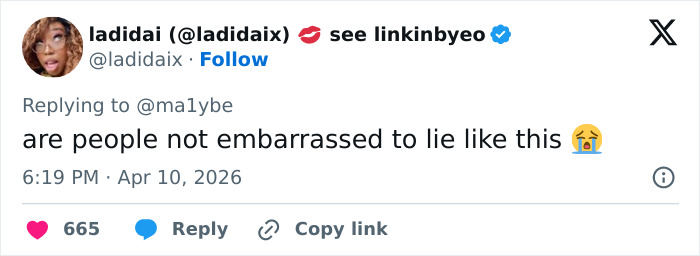 Screenshot of a Twitter reply accusing an influencer of lying, related to Sydney Sweeney’s praised exposure of deceit.