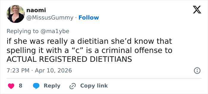 Screenshot of a Twitter reply discussing dietitian spelling error, highlighting Sydney Sweeney exposing influencer’s lie.