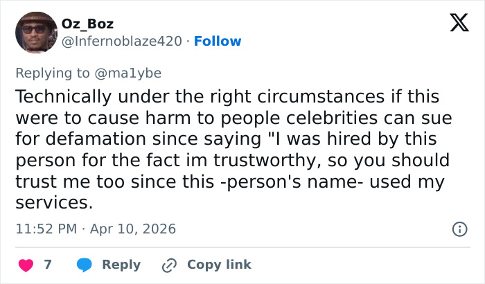 Screenshot of a tweet discussing defamation and trust in relation to Sydney Sweeney exposing influencer’s lie.
