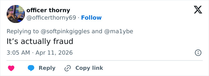 Screenshot of a Twitter reply calling out fraud in a discussion involving Sydney Sweeney exposing influencer’s lie.