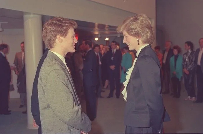 Princess Diana and Bryan Adams during the intermission of the Gala Entertainment evening at Expo Theatre.