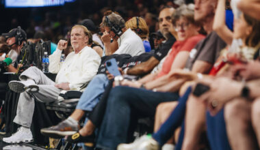 Aces and Raiders owner mark Davis watches during a WNBA basketball game between the Aces and th ...