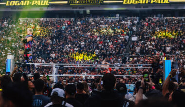 Logan Paul makes his entrance during WWE WrestleMania 41 at Allegiant Stadium Sunday, April 20, ...