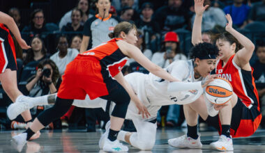 Aces forward Kierstan Bell (1) is tripped while handling the ball in a preseason WNBA basketbal ...