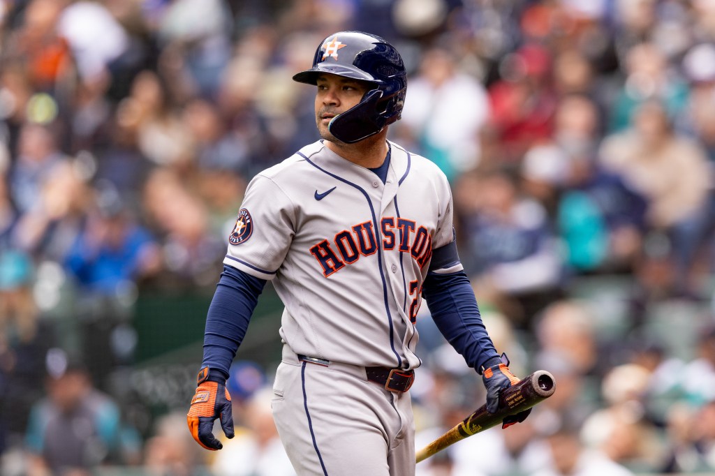 SEATTLE, WASHINGTON - APRIL 13: Jose Altuve #27 of the Houston Astros reacts after flying out during the first inning against the Seattle Mariners at T-Mobile Park on April 13, 2026 in Seattle, Washington. (Photo by Maddy Grassy/Getty Images)