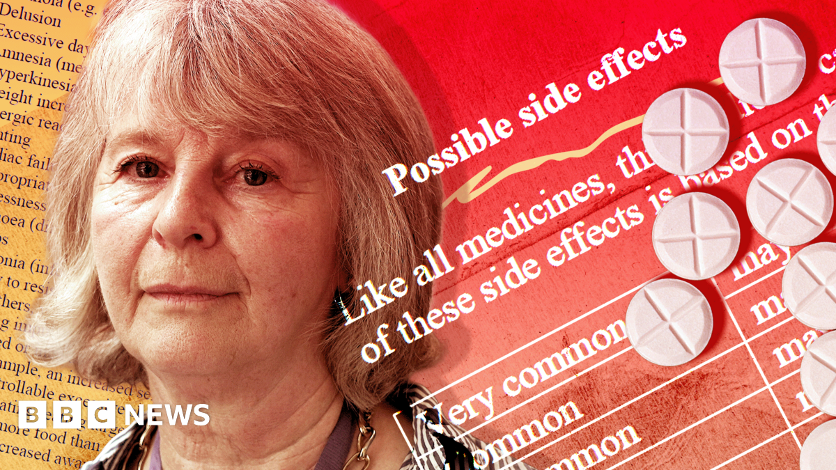 An image combining medical-themed graphics with a photo of a woman. The background features overlapping sheets of printed text about medication, including headings such as “Possible side effects” and lists of frequency categories. On the right side, several white round tablets are arranged against a red background. The person in the foreground is shown from the shoulders up, wearing a striped shirt and a chain necklace, with light-colored hair. The overall composition has a collage-like style highlighting medication information and pills.