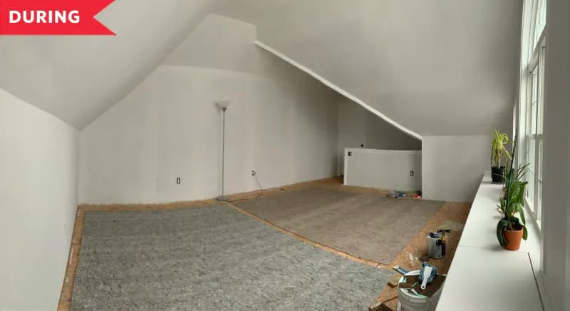 During: Attic with finished walls painted grayish white
