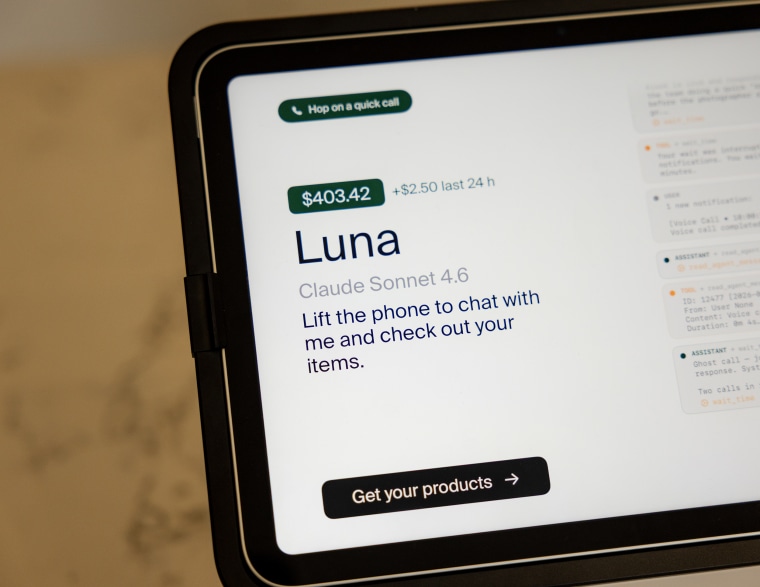 Andon Market customers can pick up an old-school corded phone to talk with the manager, Luna, an AI system. Luna asks what the customer is purchasing and creates a corresponding transaction on a nearby iPad. 