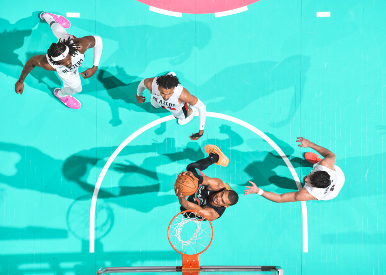 Aerial view - Victor Wembanyama of the San Antonio Spurs drives to the basket 