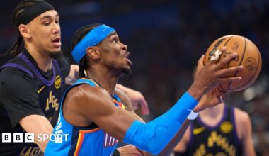 Shai Gilgeous-Alexander of the Oklahoma City Thunder drives to the basket