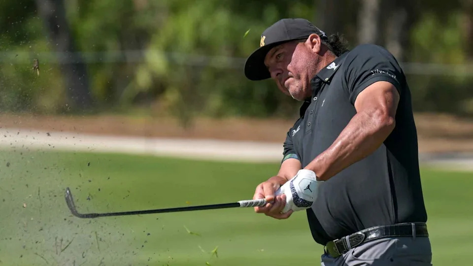 at Perez plays from the rough on the ninth hole during the second round of the Senior PGA Championship 2026 at The Concession Golf Club